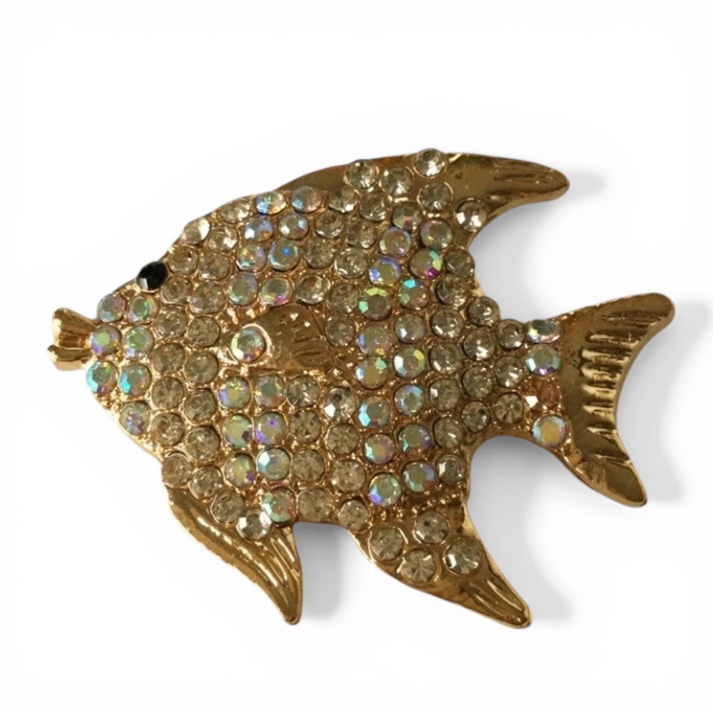 Gold‑Tone Angelfish Brooch with AB Rhinestones – Sparkling Statement Pin - Picture 6 of 12